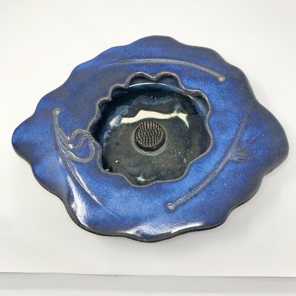 California Studio Pottery Blue Ikebana Dish Signed Gary Gall Kenza Metal Pin Fro